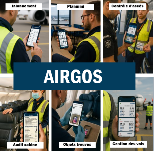 Modules smartphone Airgos : Jalonnement, Planning, Contrôle d’accès, Audit cabine, Objets trouvés, Gestion des vols